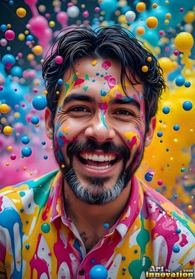 Smiling with a painted beard, a cheerful man wears a multicolored shirt surrounded by floating droplets of bright paint