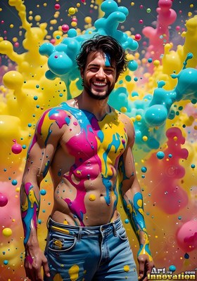 A smiling shirtless man stands in jeans as thick pink and blue paint splatters around him