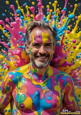 Facing forward outdoors, a man with a smile is covered in bright yellow and pink splattering paint