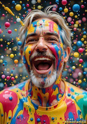 A grinning man with gray hair covered in yellow and blue liquid paint drops