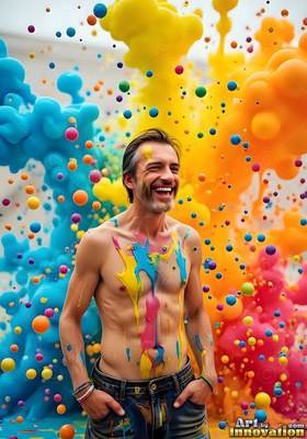 In front of blue and yellow paint clouds, a shirtless man laughs in jeans