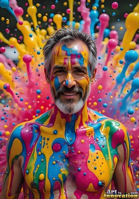 Smiling forward, a bearded man is covered in thick yellow and blue liquid paint splatters