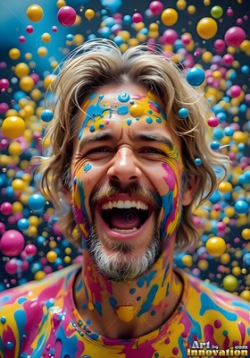 Laughing man covered in yellow and blue liquid paint drops