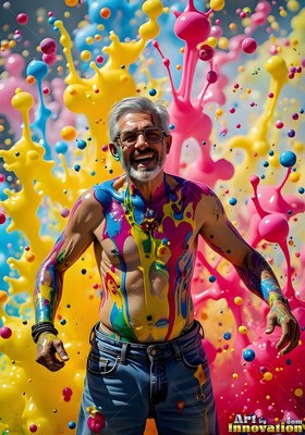 A shirtless gray-haired man in jeans smiles through flying drops of yellow and pink paint
