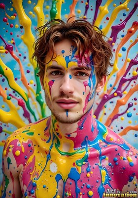 A man stares ahead as thick yellow and pink paint splatters across his skin