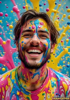 Facing forward outdoors, a smiling man covered in splashes of pink and yellow paint