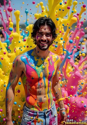 A laughing shirtless man stands in jeans covered in bright yellow and pink splashes of paint