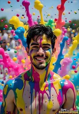 Under bright daylight, a laughing shirtless man is covered in pink and yellow bursts of paint