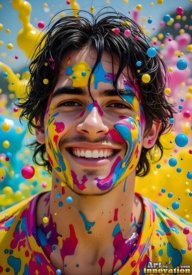 Smiling broadly, a young man covered in splashes of yellow and blue paint splatters