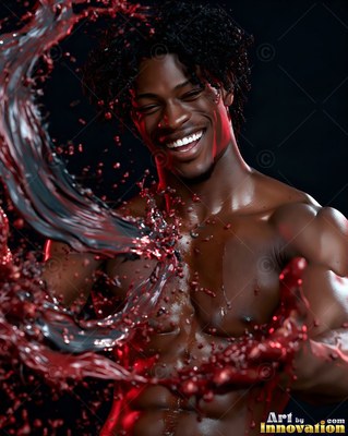 A laughing man splashed with glossy red and black paint