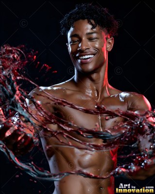Curly black hair frames a bare-chested man smiling splashed with red fluid in the dark
