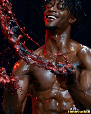 A shirtless cheerful man catches thick splashes of dark red paint in his hands