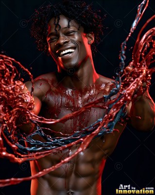 Facing forward in a dark room, a shirtless laughing man has red paint splashed on him