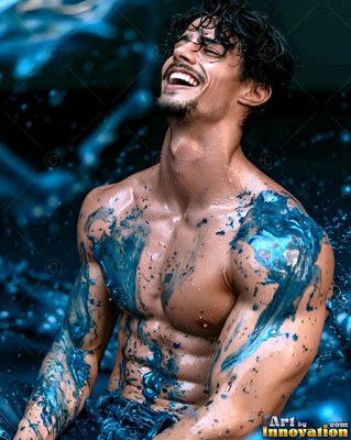 A laughing shirtless man tilts his head back covered in thick blue paint