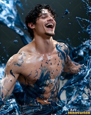 In a dark studio, a shirtless laughing man is splashed with dark blue paint