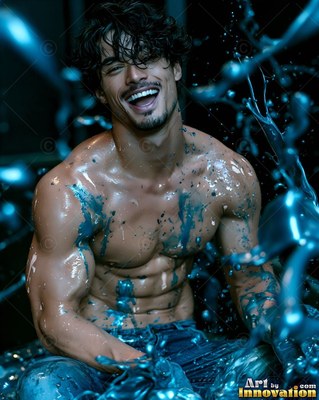 Laughing with his head tilted, a shirtless man is splashed with glossy teal paint