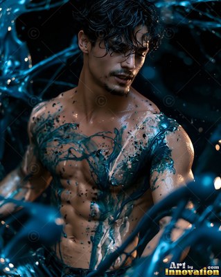 A shirtless man splattered with dark teal paint