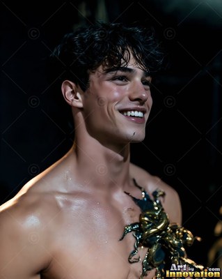 A bare-chested man smiling with dark hair and gold paint splashed on his chest stands in the dark shadows