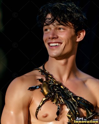 Smiling head-on in dark shade, a shirtless man wears dark paint splash