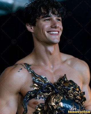 A grinning man with thick gold and blue paint splashed across his bare chest