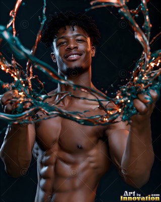 In a dark studio, a muscular man with a smile catches splashing green paint