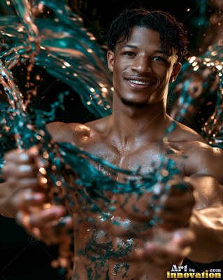 Smiling toward the viewer, a shirtless man reaches forward through splashing teal water