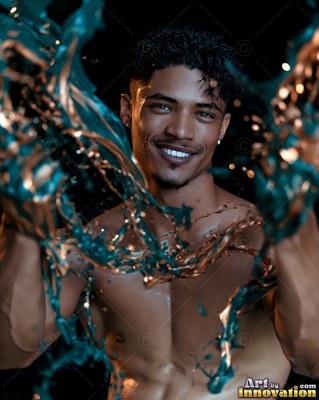 Laughing shirtless man splashed with teal paint