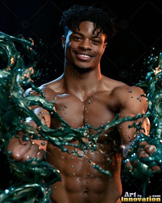A smiling shirtless man with dreadlocks splashes dark green paint in a black studio