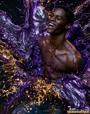 A laughing man laughs as glossy purple paint and gold droplets splash around him