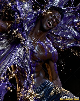 Leaning back in the dark, a laughing man is showered in purple and gold paint