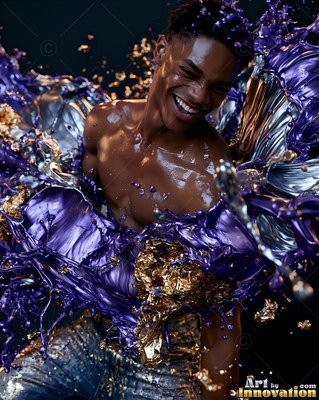 A shirtless man with a smile is drenched in thick purple and gold paint splashing all over him