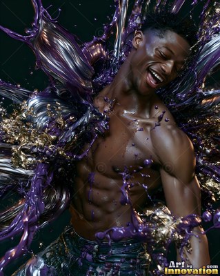 In a dark room, a shirtless man laughs as purple and silver paint splashes