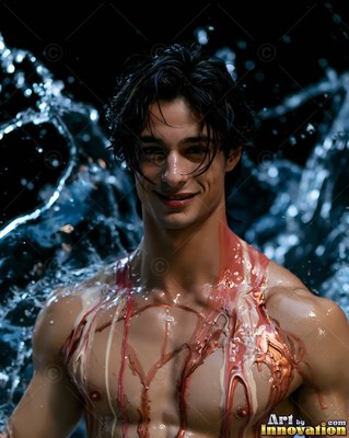 Smiling in the dark, a shirtless man covered in dripping paint with water splashing behind him
