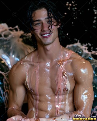 A laughing shirtless man covered in splashes of pink paint