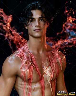 Wet pink paint coats the chest of a shirtless young man before a dark backdrop with red splashes