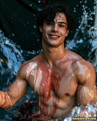 A grinning man rises from dark water as glossy pink paint runs down his chest
