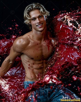 A smiling blond man in blue jeans turns as thick red paint splashes around him