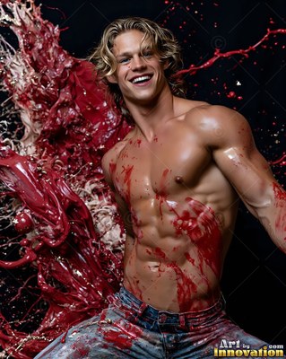 Against a dark studio backdrop, a smiling shirtless man is splashed with red paint