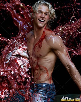 Laughing against a dark backdrop, a blond man is splashed with glossy red paint