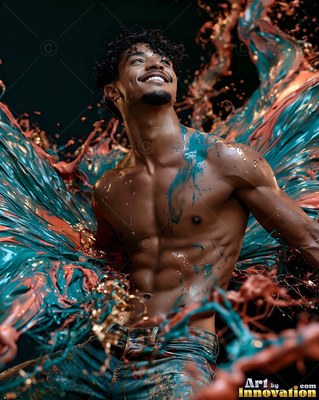 Smiling shirtless man splashed with teal and pink paint