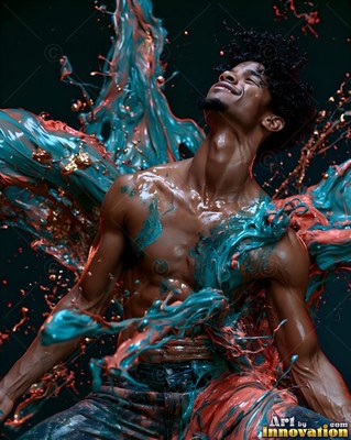 Curly hair framing his smiling face, a shirtless man arches back in a studio splash of teal and coral paint