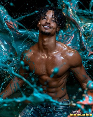 A smiling shirtless man stands as thick teal splattering paint all around his body