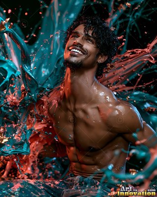 Leaning back against a dark wall, a shirtless man smiles under splashing teal paint