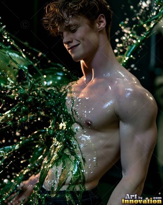 A grinning shirtless man gets splashed with wet green paint