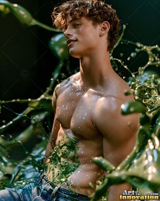 In a dark studio, a shirtless grinning man is splashed with glossy green paint