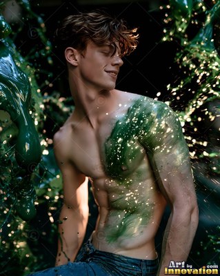 Smiling as green paint splatters over his shoulder, a shirtless man looks down
