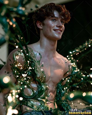 A shirtless man with a smile covered in splashes of green paint