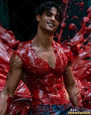 Wet black curls frame a laughing man covered in thick red paint splashing around him