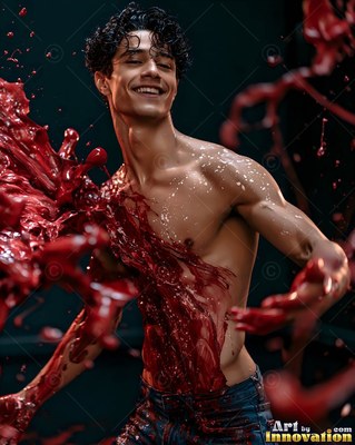 A smiling shirtless man splashes in dark red paint that shines against his skin