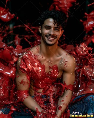 Sitting in a dark studio, a bare-chested man smiling is splashed with glossy red paint